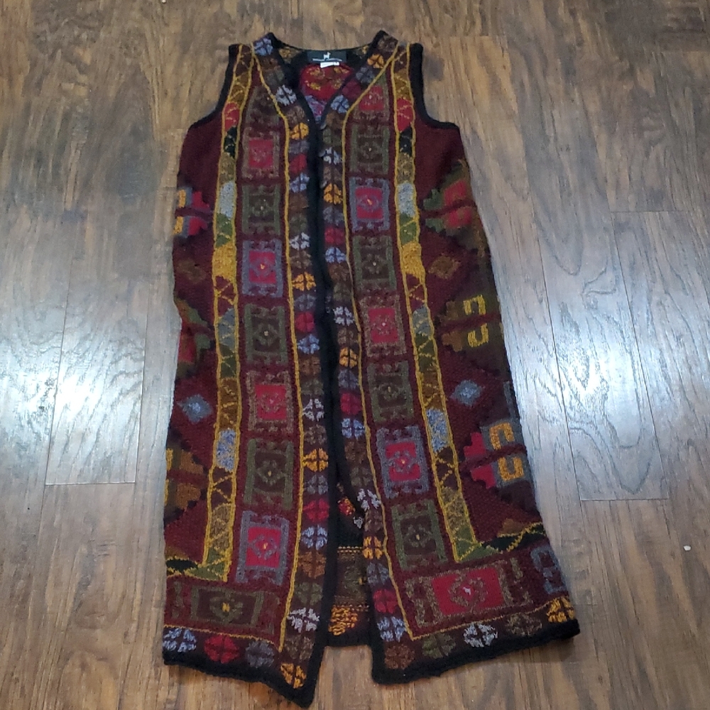 Peruvian Connection Burgundy Multi-Color Knit Maxi Vest